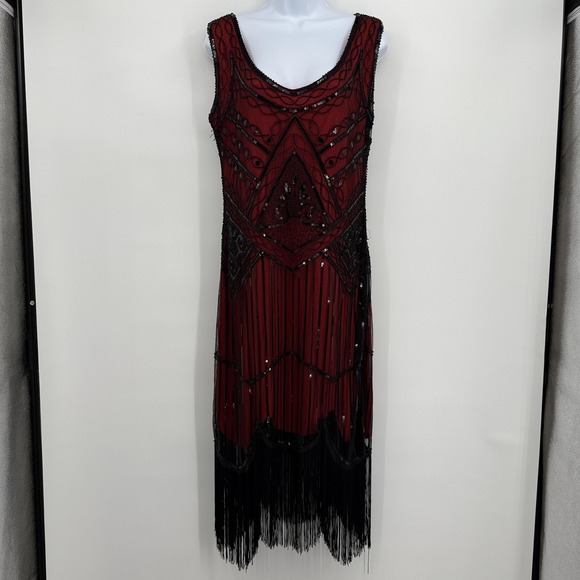 FUNDAISY Dress Womens 1X Red Black Beaded Sequin Fringe 1920s Flapper Gatsby - Picture 1 of 10